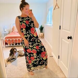 Vintage Virgo Black Pink Floral Sheath Maxi Dress Medium